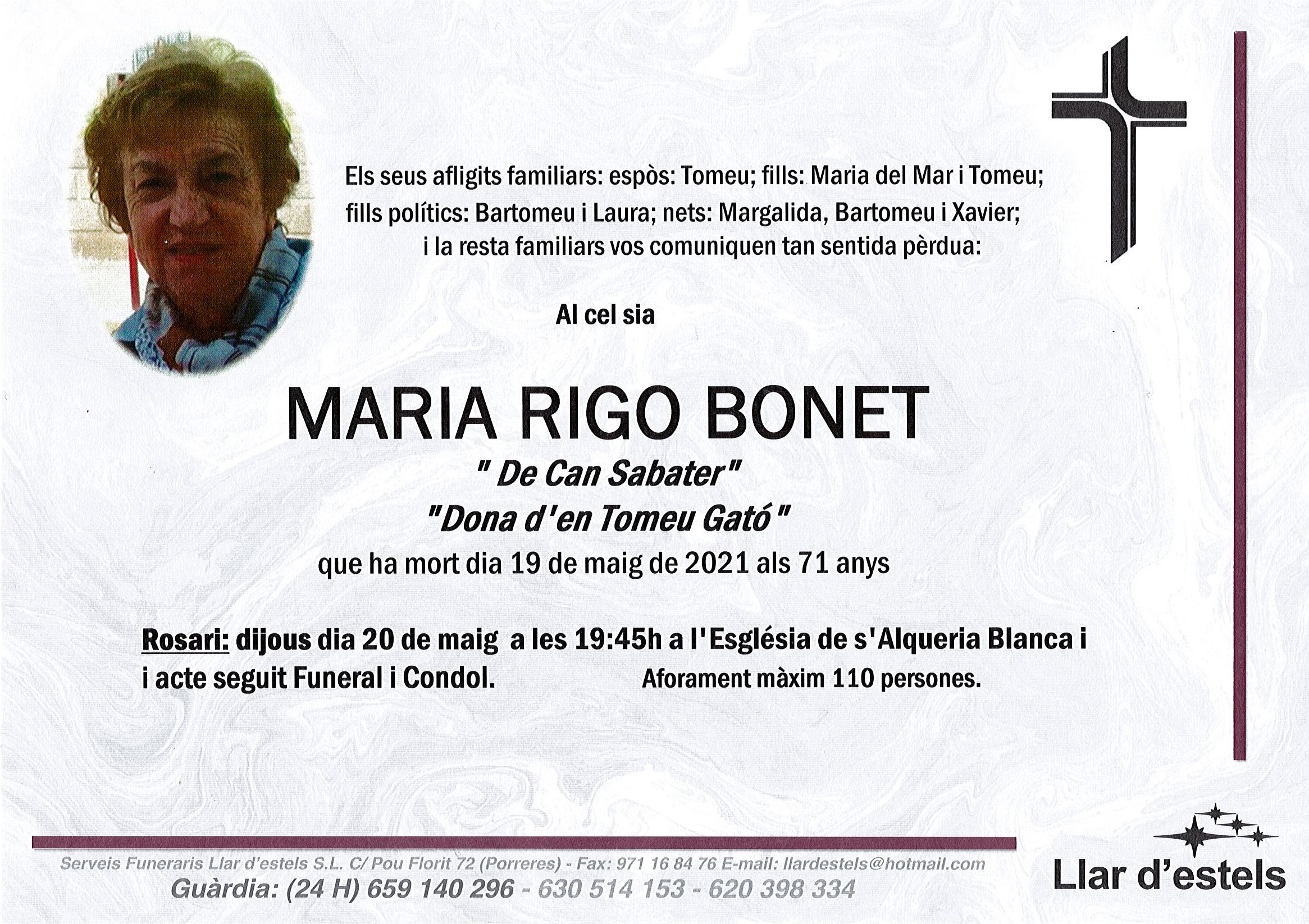 Maria Rigo Bonet – Funerària Mallorca – Llar d'estels